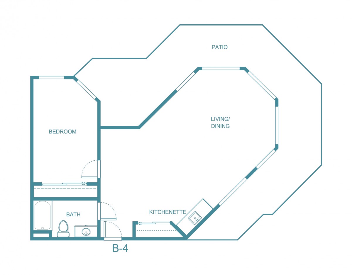 Architectural floor plan of an apartment featuring living, kitchen, and bedroom areas.