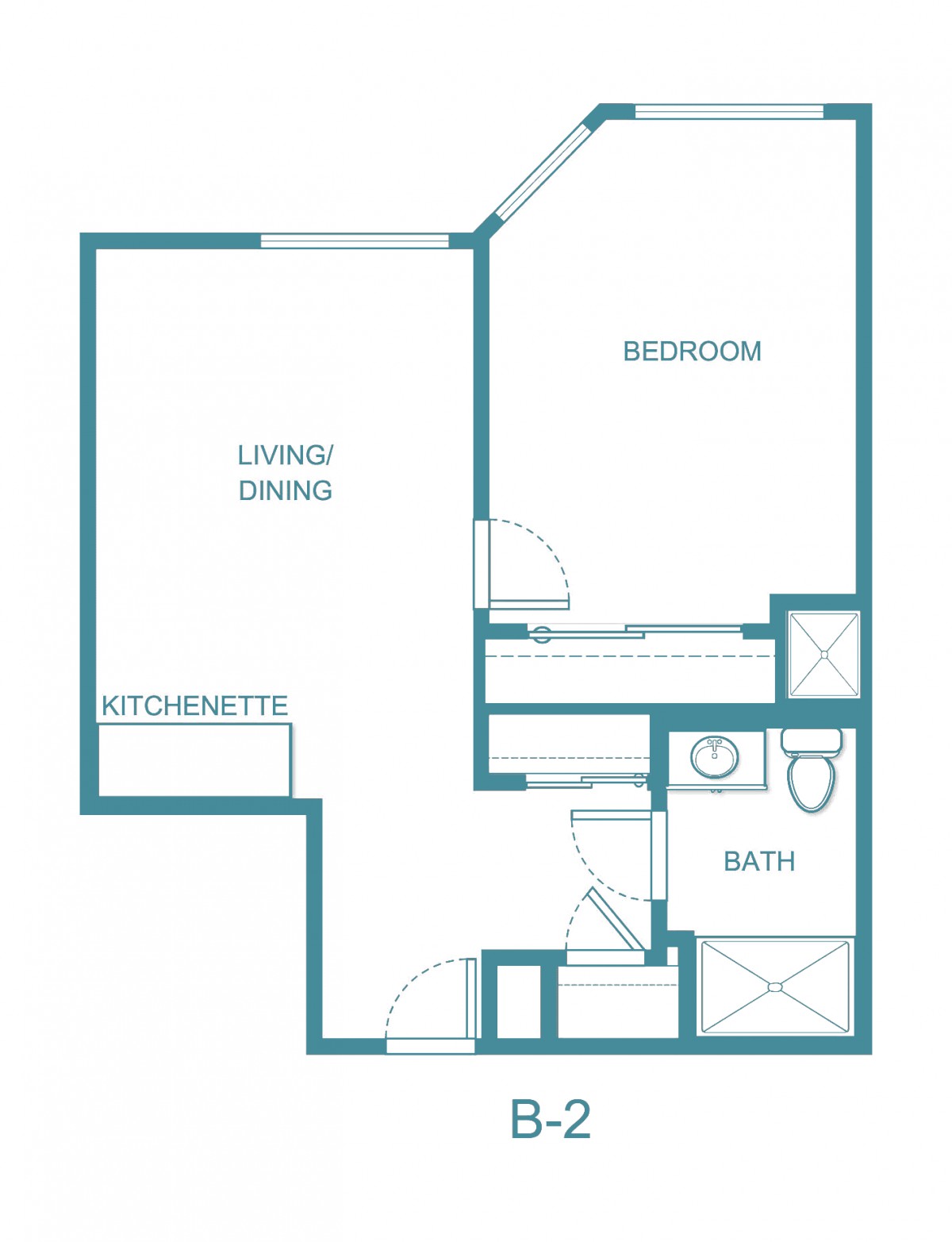 A floor plan of a one-bedroom apartment with labeled rooms including kitchen, living/dining room, bedroom, and bathroom.