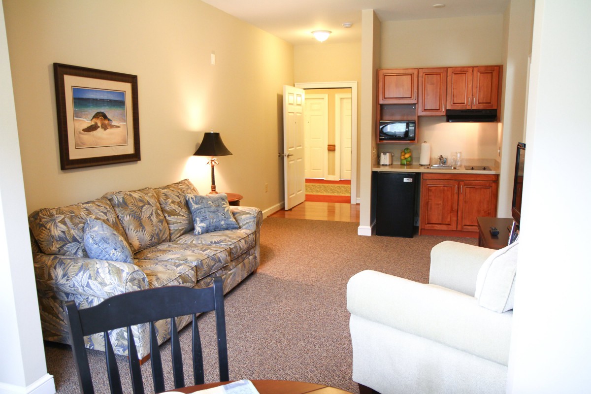 A cozy living room with a sofa, lamp, and small kitchenette.