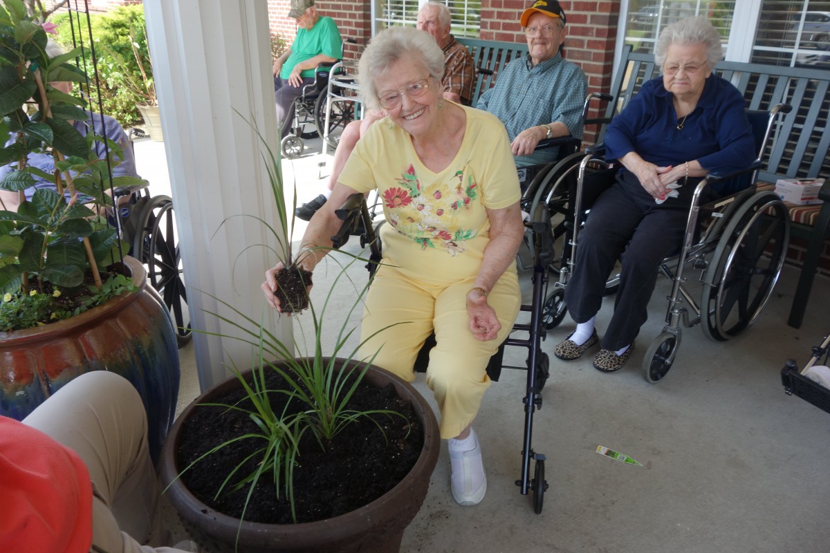 An elderly woman in a wheelchair is planting a potted plant outdoors with others in the background.