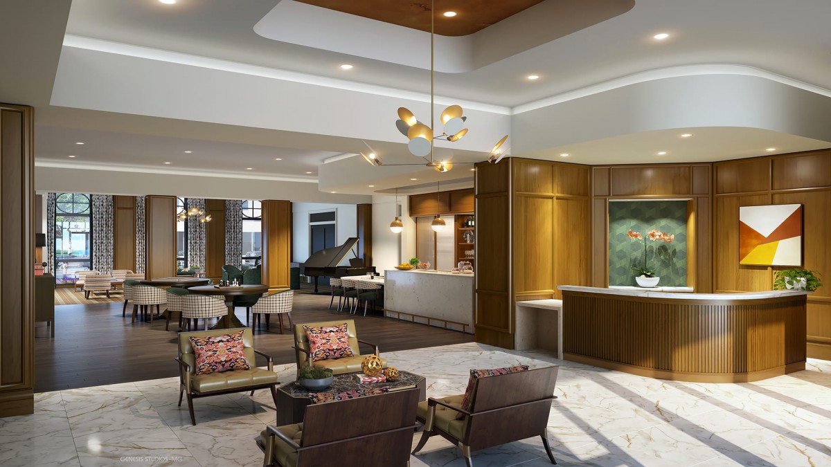 A modern living room with comfortable seating and stylish lighting.