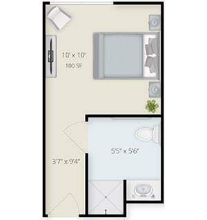 A floor plan of a compact studio apartment featuring a bedroom and bathroom.