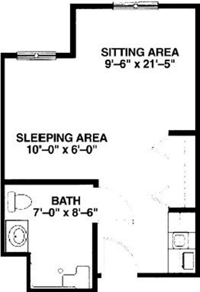 Floor plan of a studio apartment featuring a sitting area, sleeping area, and bathroom.