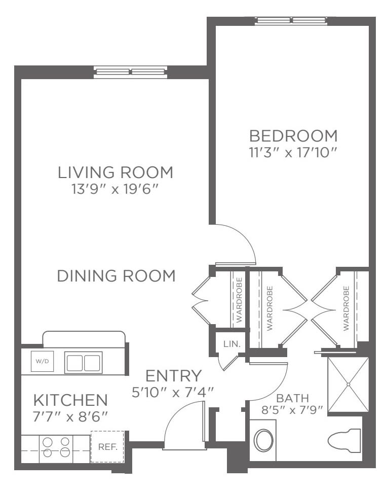A floor plan showing the layout of an apartment with designated areas for the living room, bedroom, kitchen, and dining room.