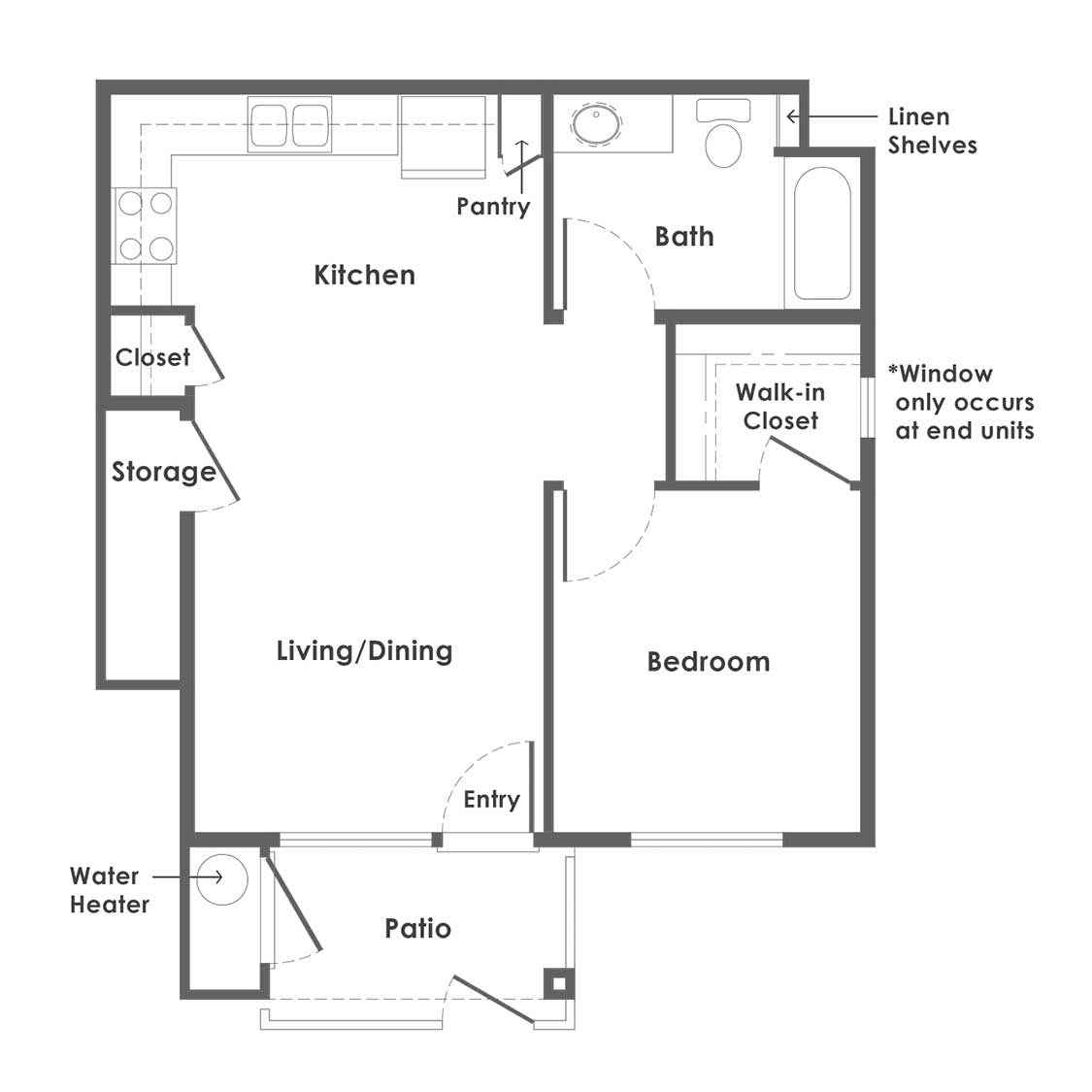 A floor plan of an apartment featuring a kitchen, bedroom, living/dining area, bath, walk-in closet, patio, and storage space.