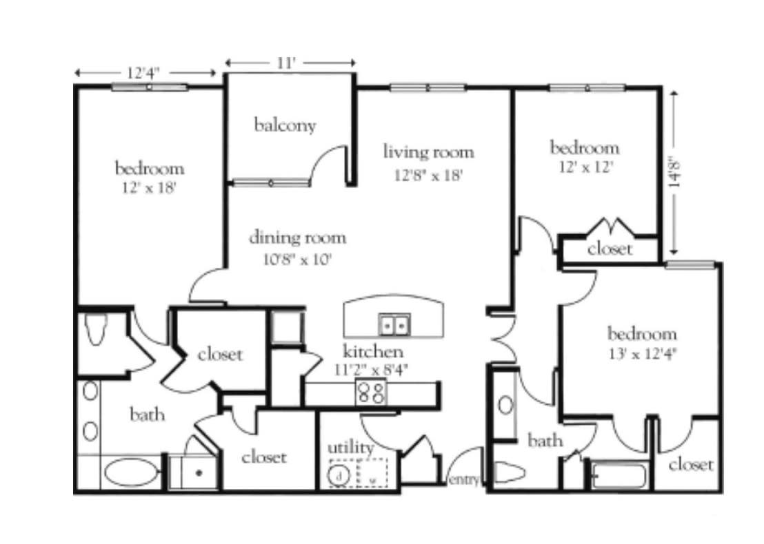 A detailed floor plan of a multi-bedroom apartment with labeled rooms and dimensions.