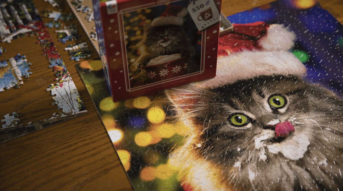 A festive scene featuring a cat in a Santa hat on a colorful holiday-themed gift box and mat.