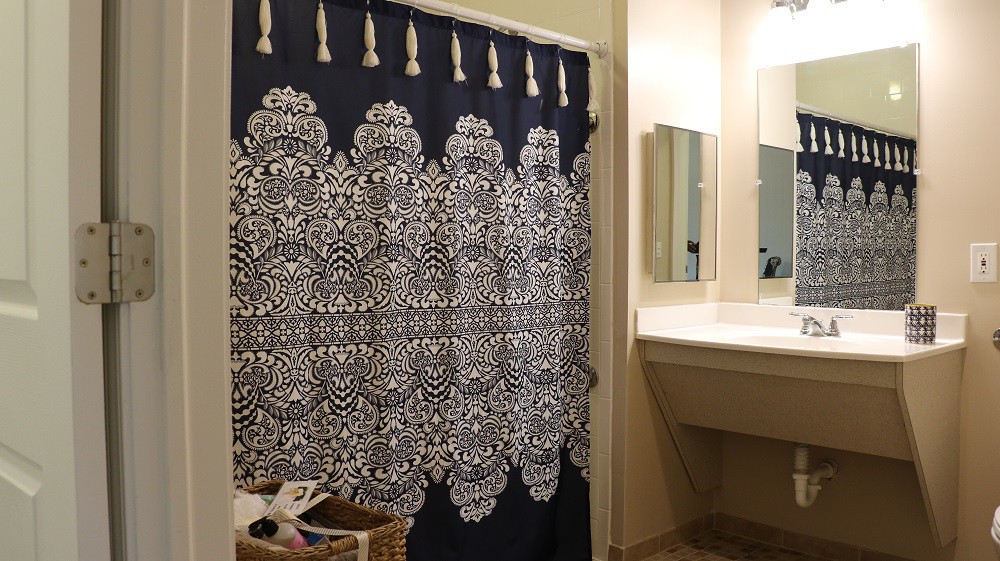 A bathroom with a patterned shower curtain and a sink with a mirror.