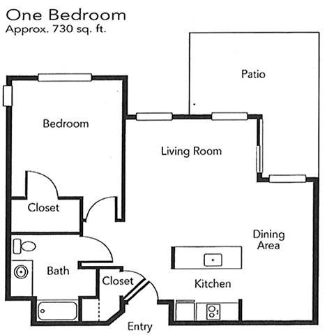 One-bedroom apartment floor plan with living room, kitchen, dining area, bathroom, and patio.