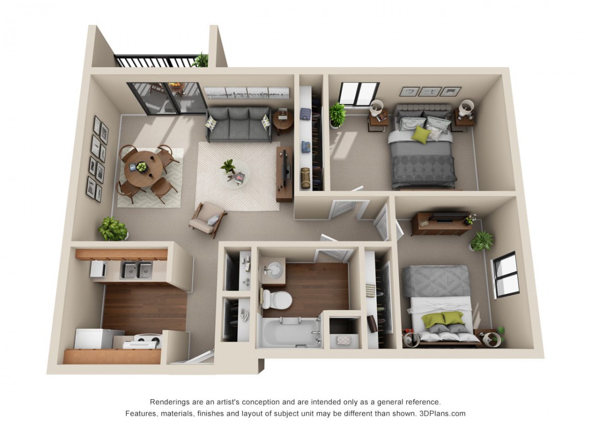 A 3D floor plan of a two-bedroom apartment, showcasing the arrangement of rooms and furniture.