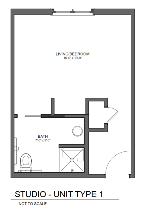 A floor plan of a compact studio apartment featuring a living/bedroom area and a bathroom.
