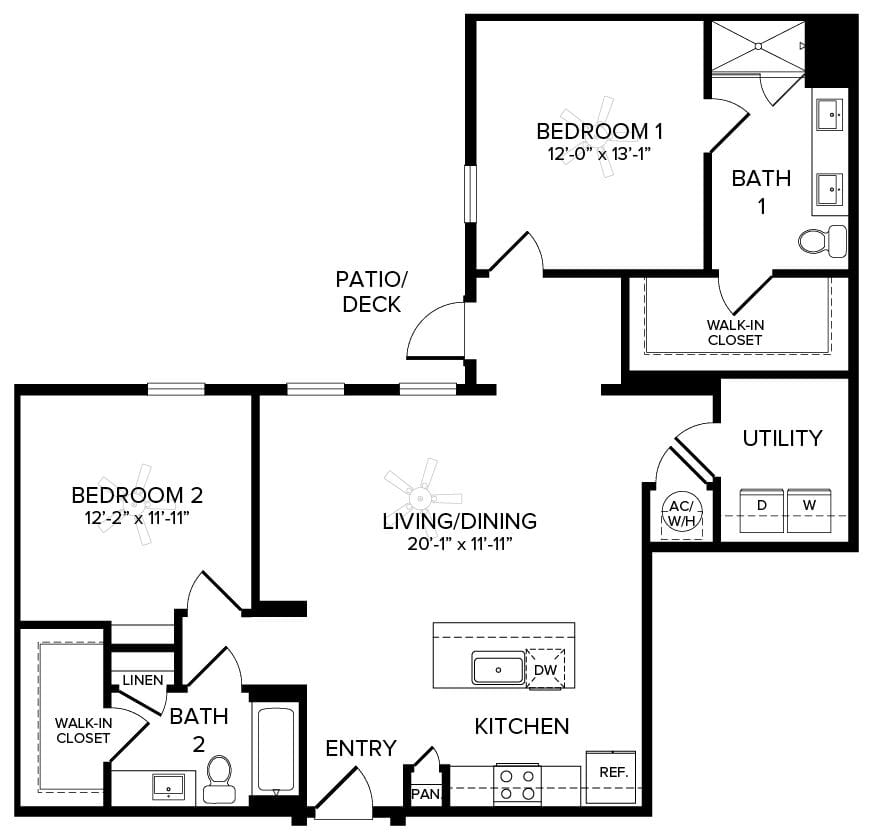 A floor plan of a two-bedroom, two-bathroom apartment with a kitchen, living/dining area, utility room, and patio.