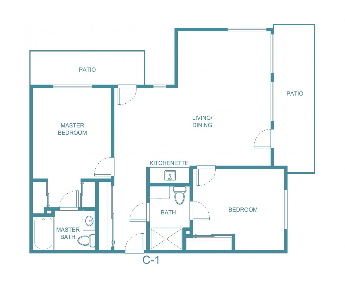 A floor plan showing the layout of an apartment with multiple rooms, including a master bedroom, living room, and kitchen.
