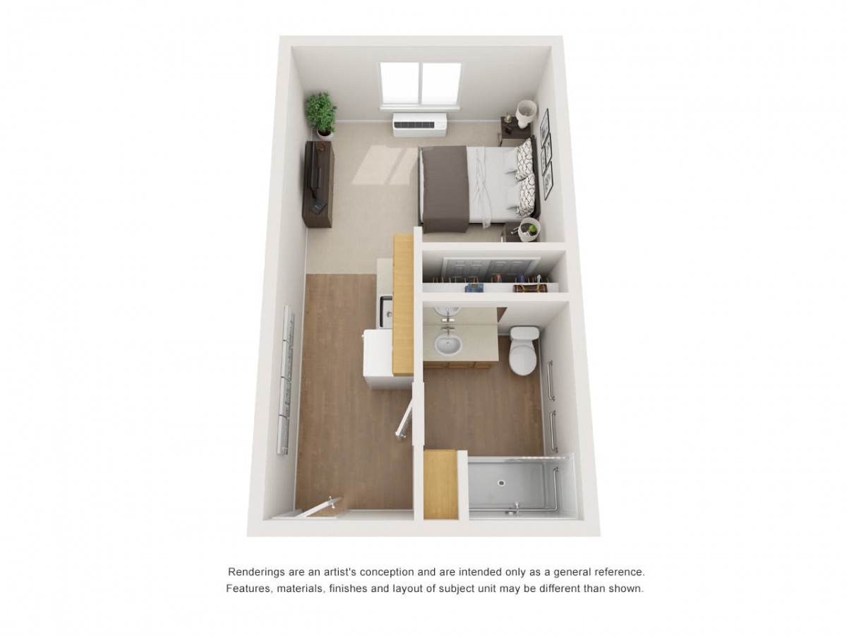A 3D rendering of a compact one-bedroom apartment layout, showcasing efficient use of space with designated living, sleeping, and bathroom areas.