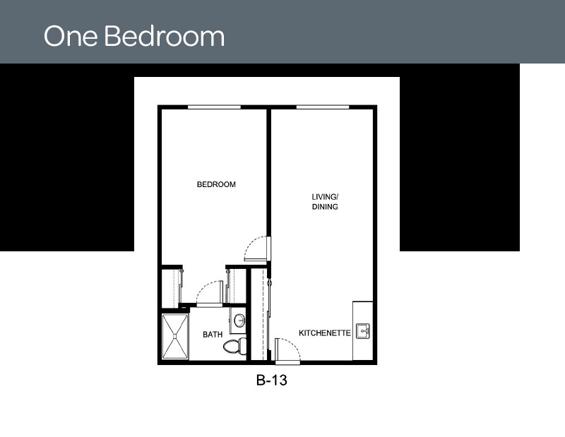 Floor plan of a one-bedroom apartment layout.