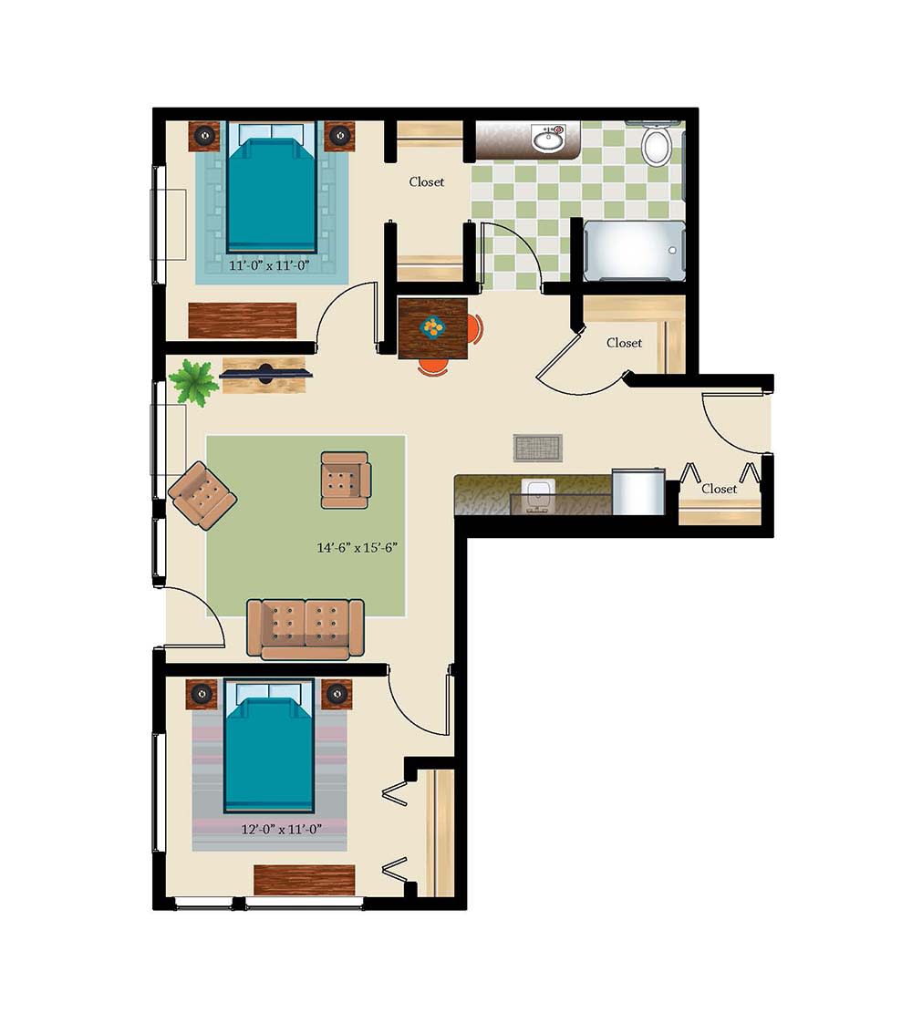A floor plan of a two-bedroom apartment with a living room and kitchen.