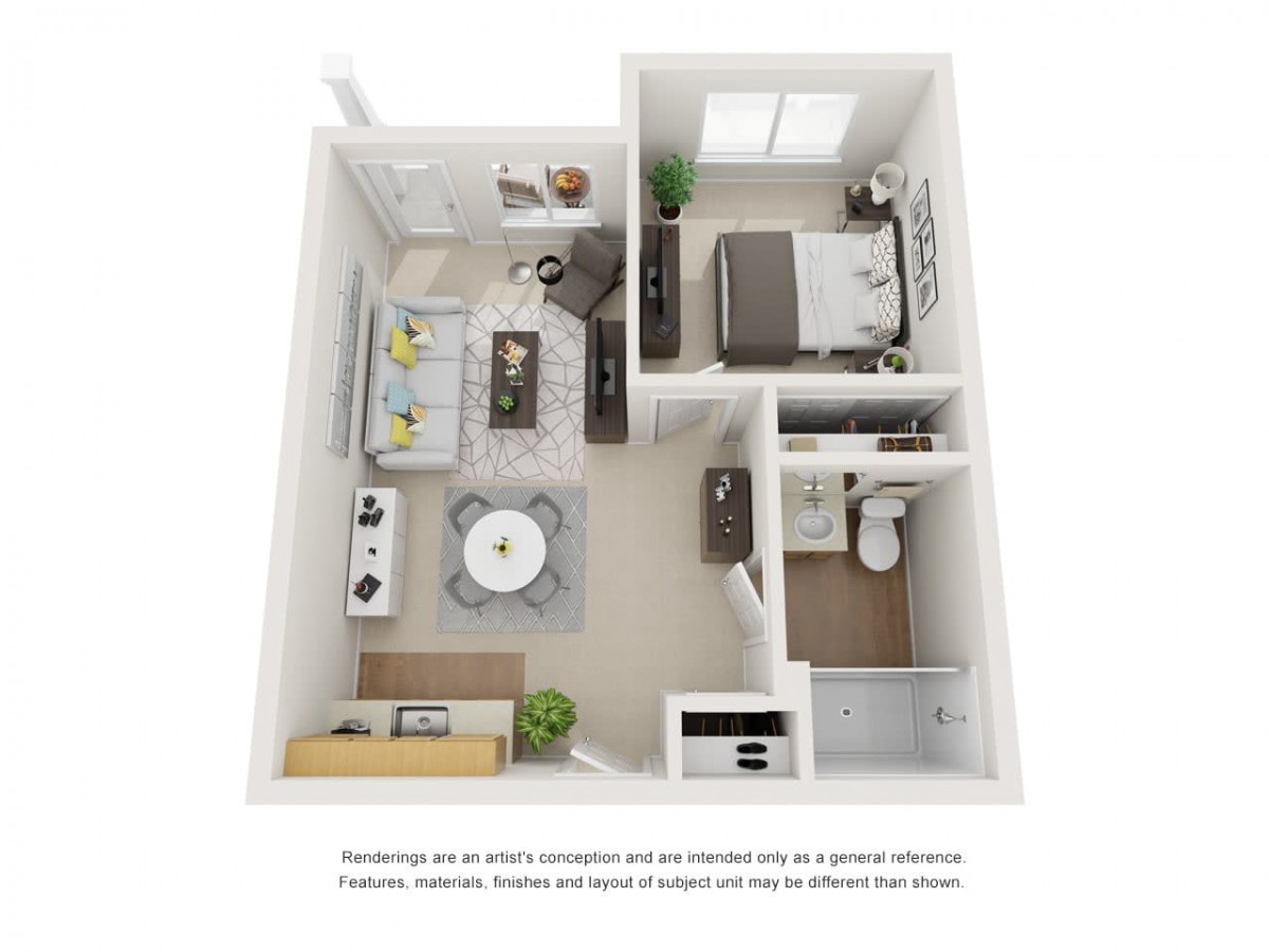 A 3D floor plan of a one-bedroom apartment featuring a kitchen, living area, bedroom, and bathroom.