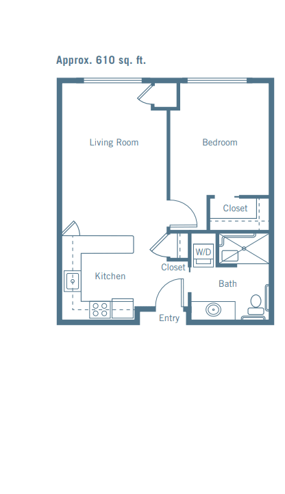 A blueprint of a one-bedroom apartment, featuring a living room, kitchen, bathroom, and balcony.