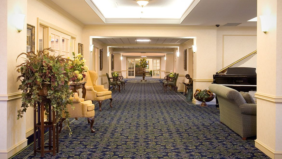 A well-lit hallway with patterned carpet, elegant furniture, and decorative plants.