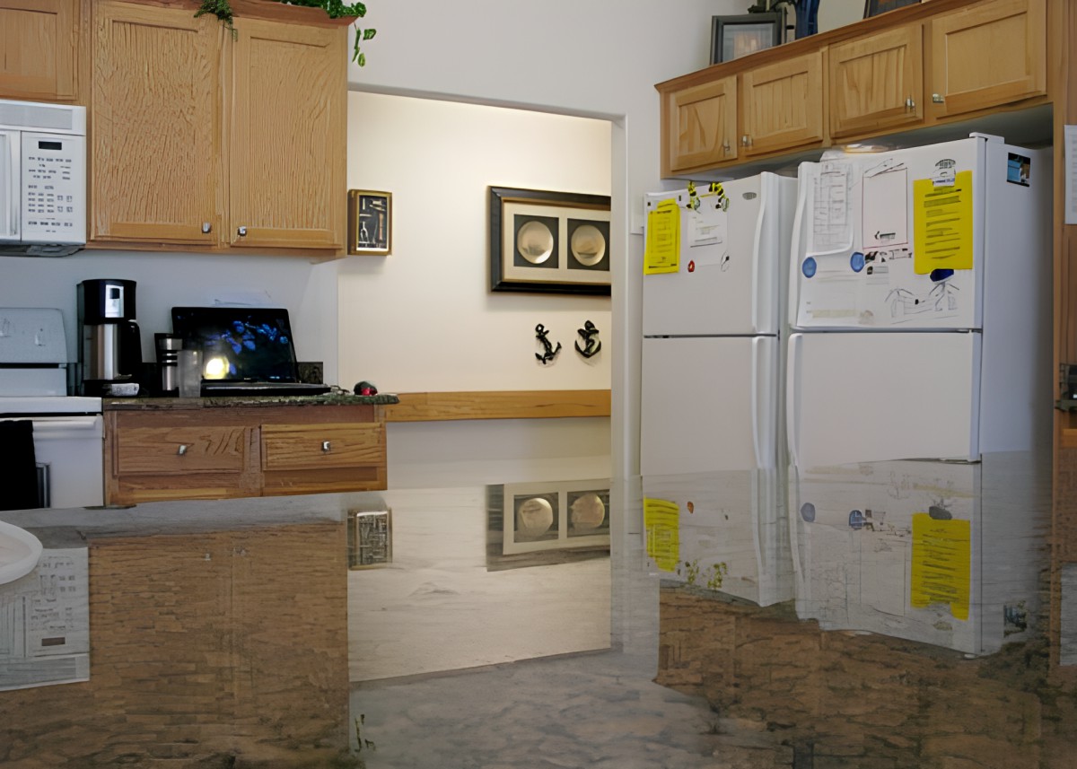 A flooded kitchen with standing water covering the floor.