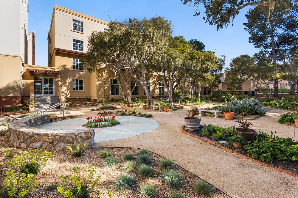 A well-maintained garden area with trees and pathways surrounding a multi-story building.