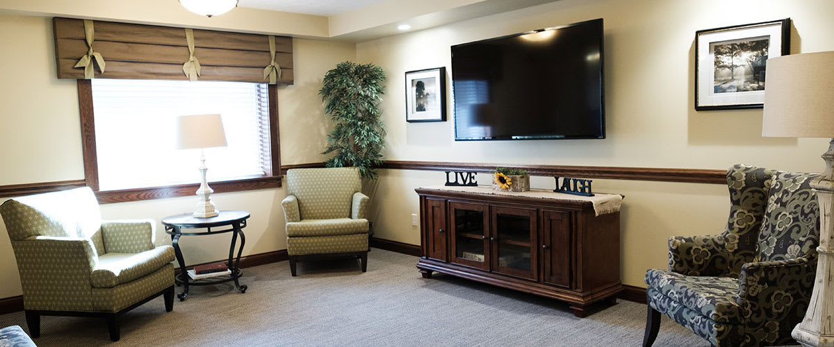 A cozy living room with modern decor, featuring an armchair, a large flat-screen TV, and indoor plants.