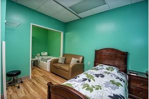 A bedroom with green walls featuring a bed, sofa, and wooden flooring.
