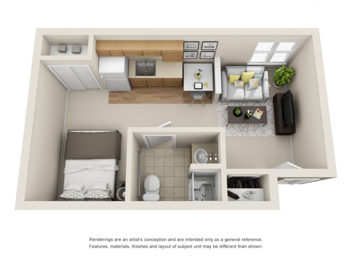 This image shows a 3D floor plan of a compact 1-bedroom apartment, featuring a cozy living area, kitchen, bathroom, and bedroom.