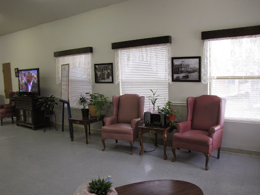 A cozy waiting area featuring pink armchairs, greenery, and framed photographs on the walls.