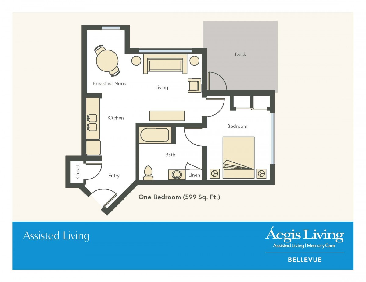 A floor plan of a one-bedroom apartment with detailed room layout.