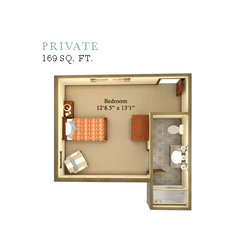 A cozy 100 sq ft private room floor plan featuring a bedroom and an attached bathroom.