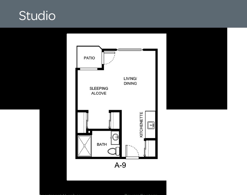 Studio apartment floor plan with labeled areas for living space, sleeping alcove, kitchen, bathroom, and patio.