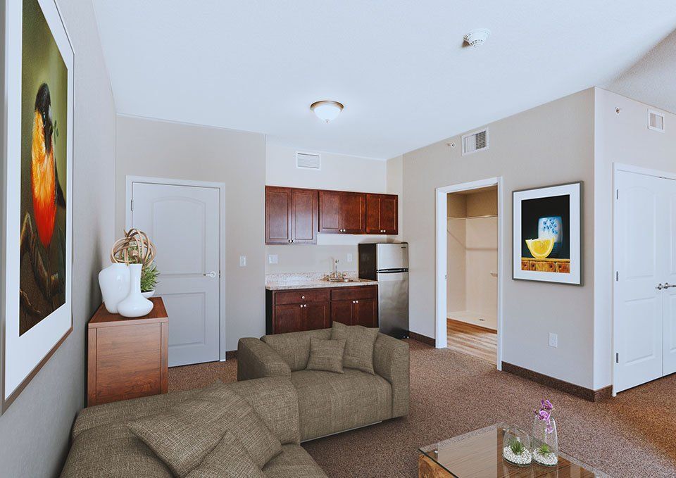A modern living room with a kitchenette, featuring a comfortable sofa and stylish artwork.