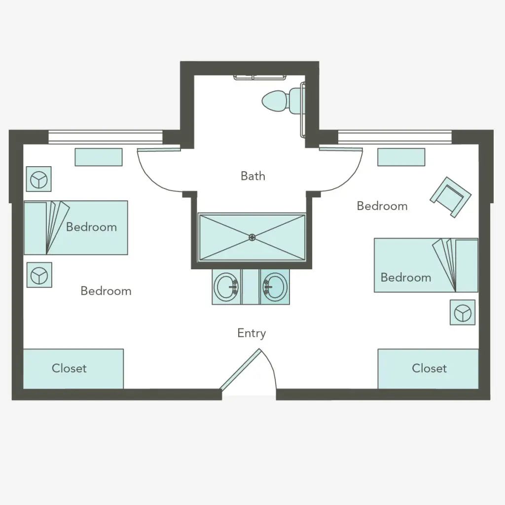 A floor plan layout showing bedrooms, closets, and a bathroom.