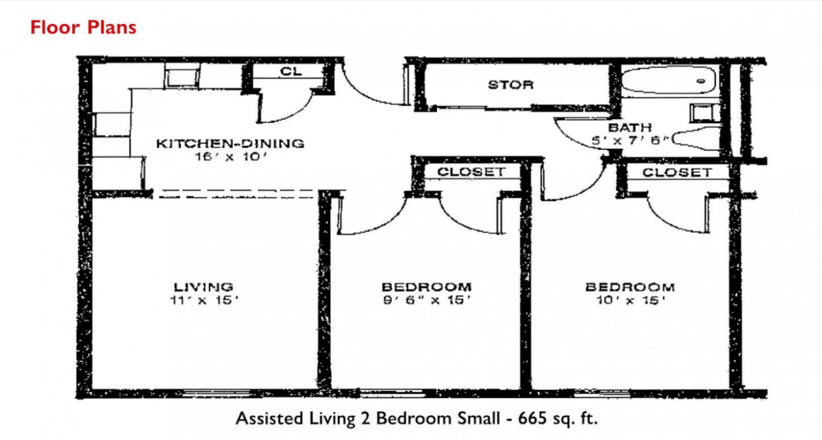Floor plan of a small assisted living apartment with two bedrooms, measuring 665 square feet.