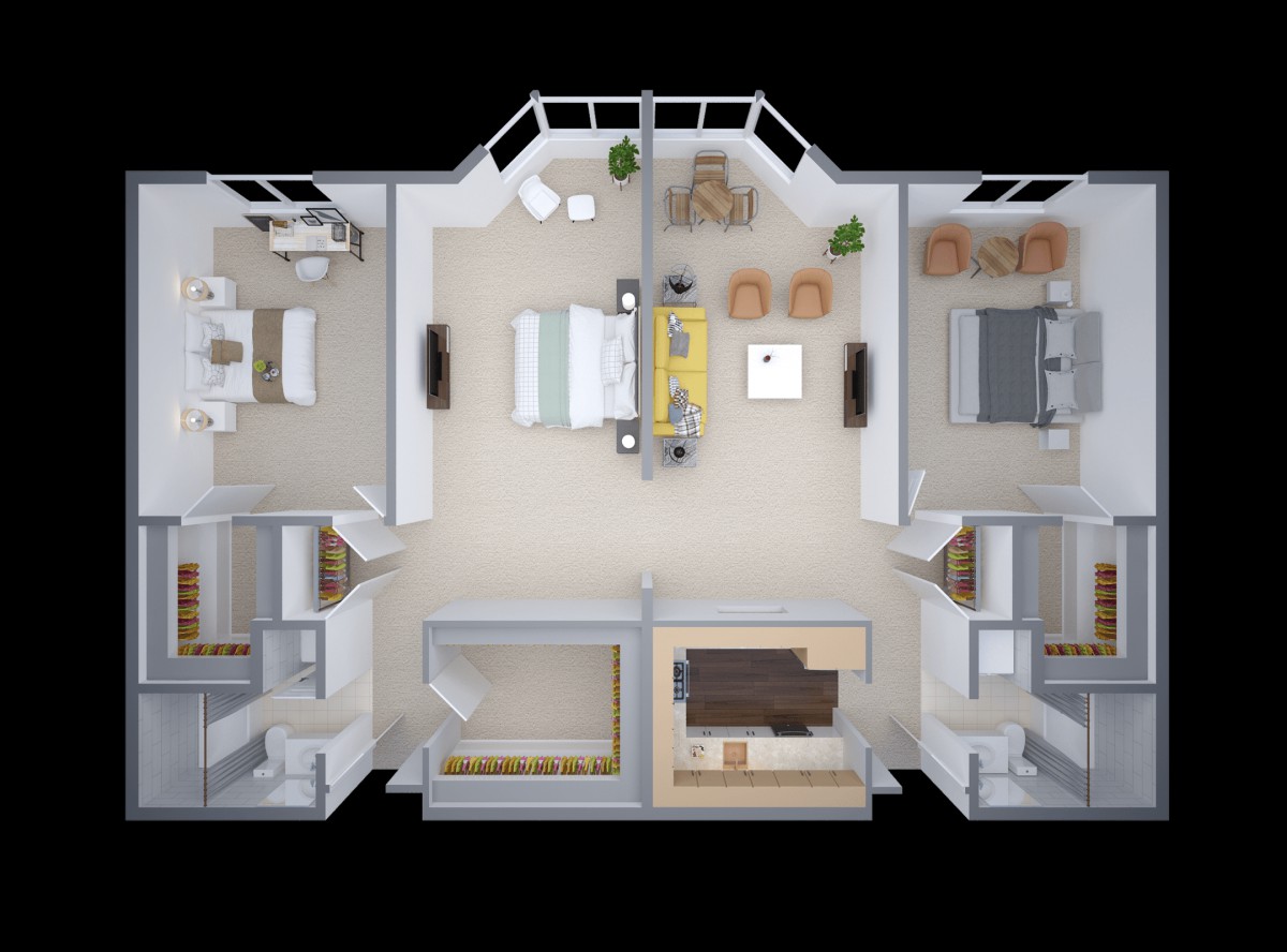 A 3D rendered floor plan of an apartment showcasing the layout and design of various rooms.