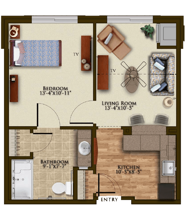 A one-bedroom apartment floor plan featuring a living room, kitchen, and bathroom.
