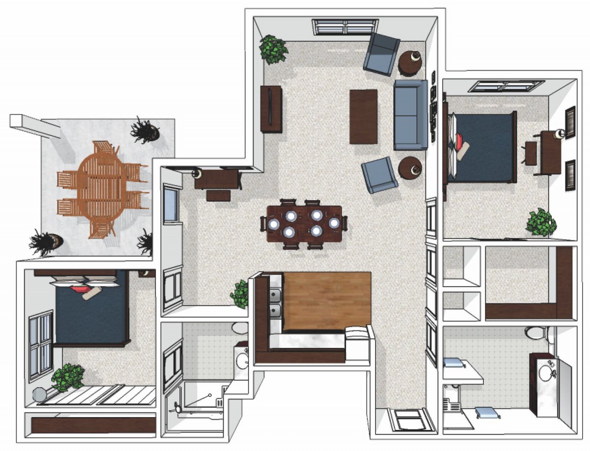 A detailed floor plan of an apartment showing the layout of rooms, furniture arrangement, and interior design.