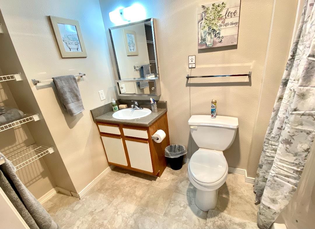 A neatly organized bathroom with a sink, mirror, toilet, and decorative elements.