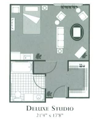 Floor plan of a deluxe studio apartment.