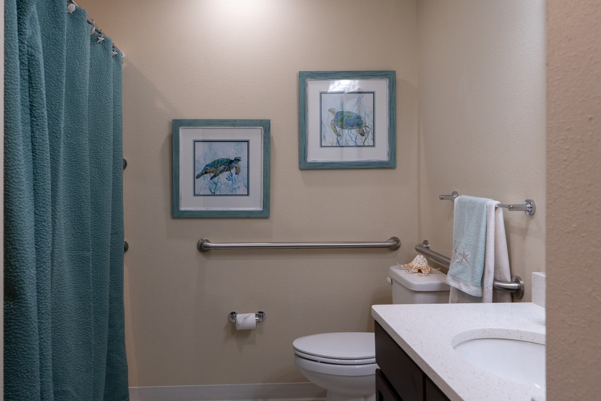 A bathroom with a toilet, sink, and blue-themed decor.