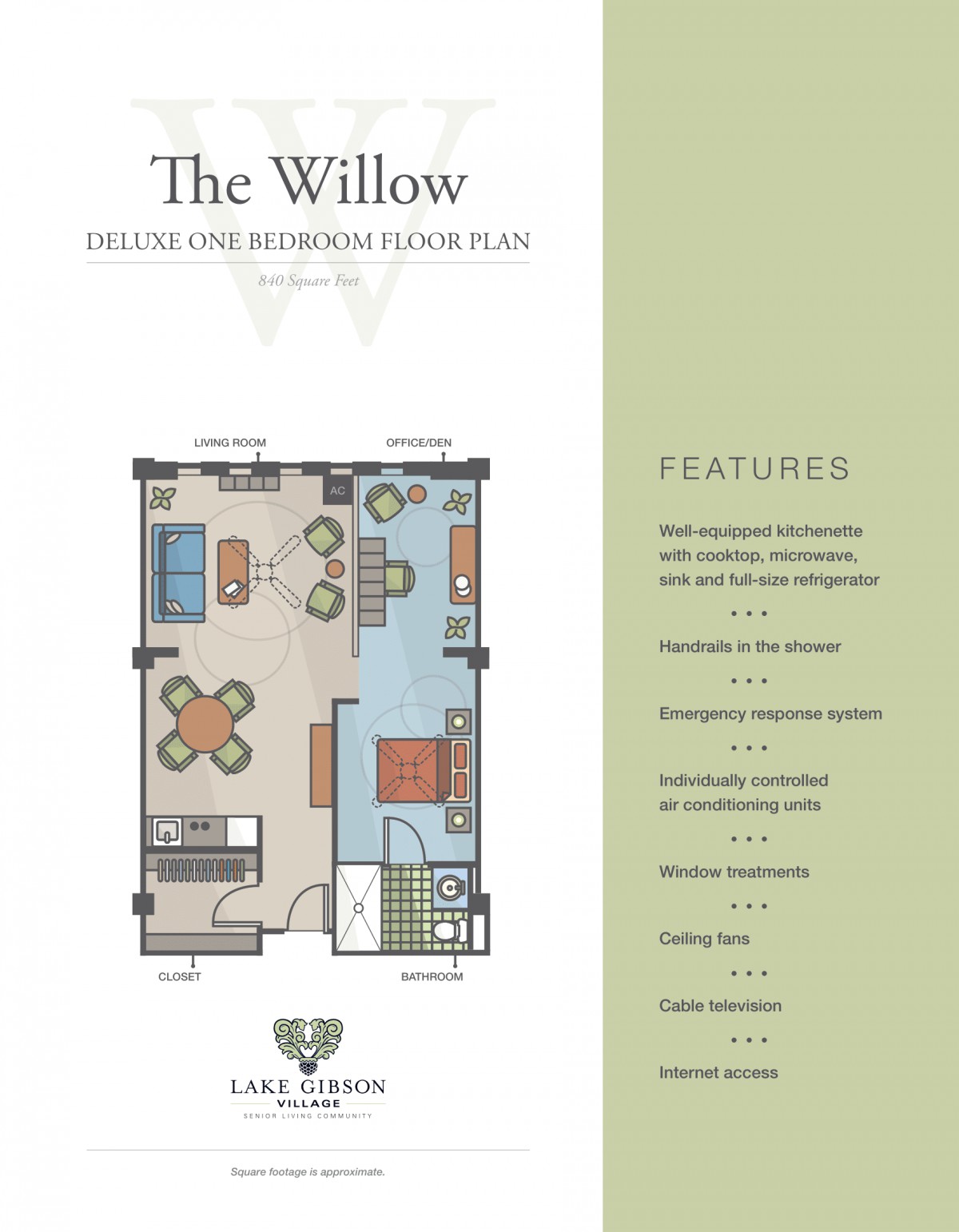 The Willow floor plan showcasing a deluxe one-bedroom apartment with various features.