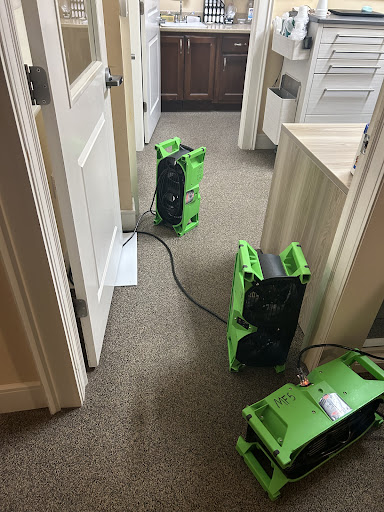 Air movers set up in an office hallway to aid in drying the carpet.