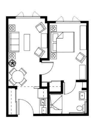 A simple one-bedroom apartment floor plan.