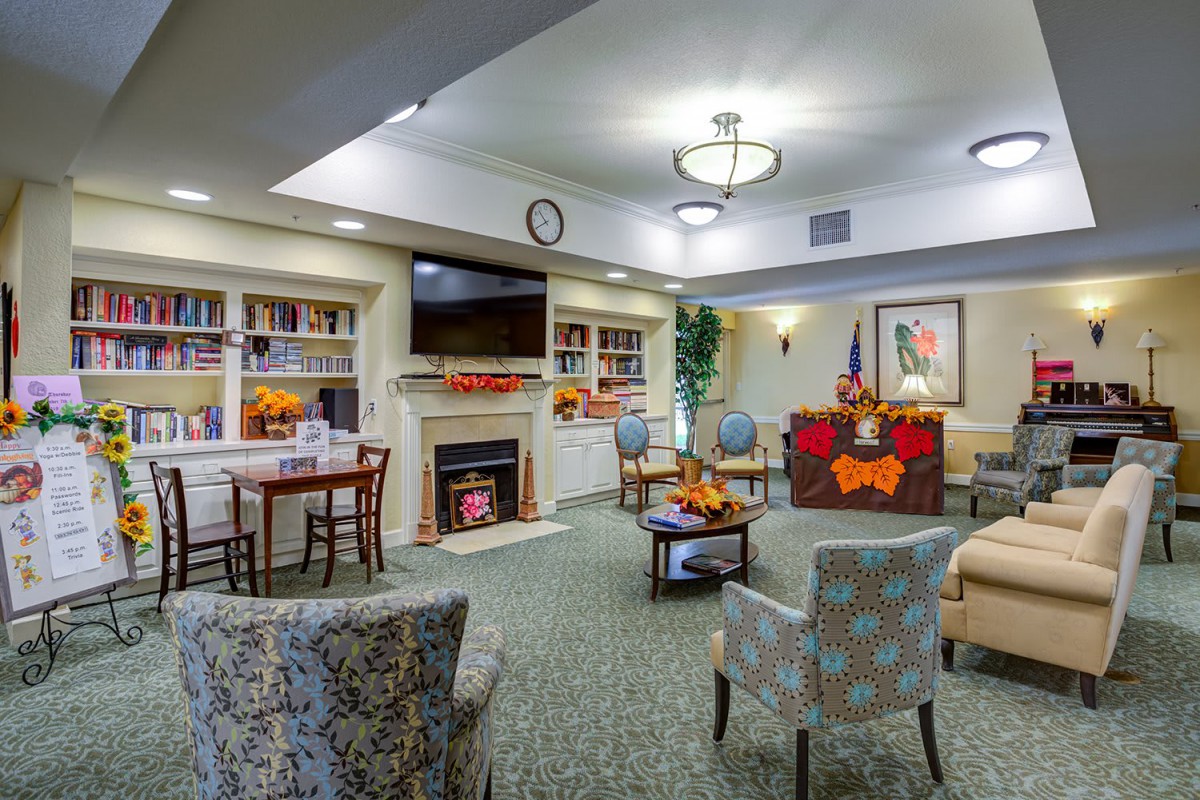 A cozy living room with comfortable seating, a fireplace, and a television, adorned with warm decor.