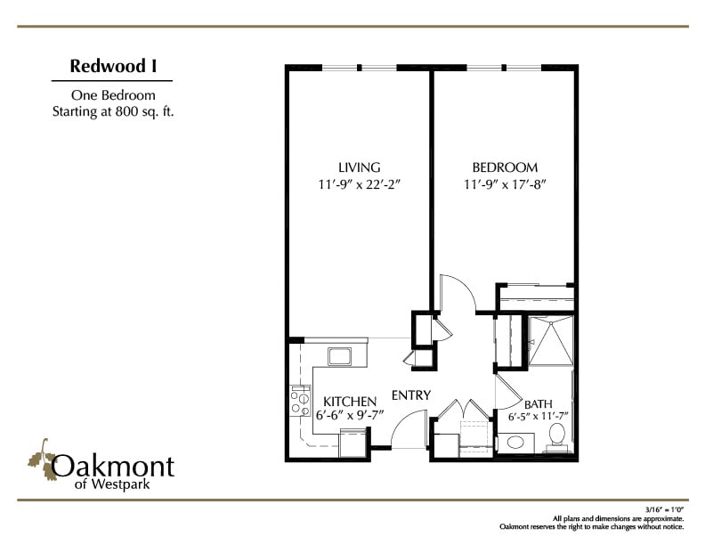 Floor plan of a one-bedroom apartment featuring a living room, kitchen, and bathroom.