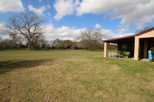 A serene outdoor space featuring a grassy area, trees in the background, and a building partially shaded by clouds.
