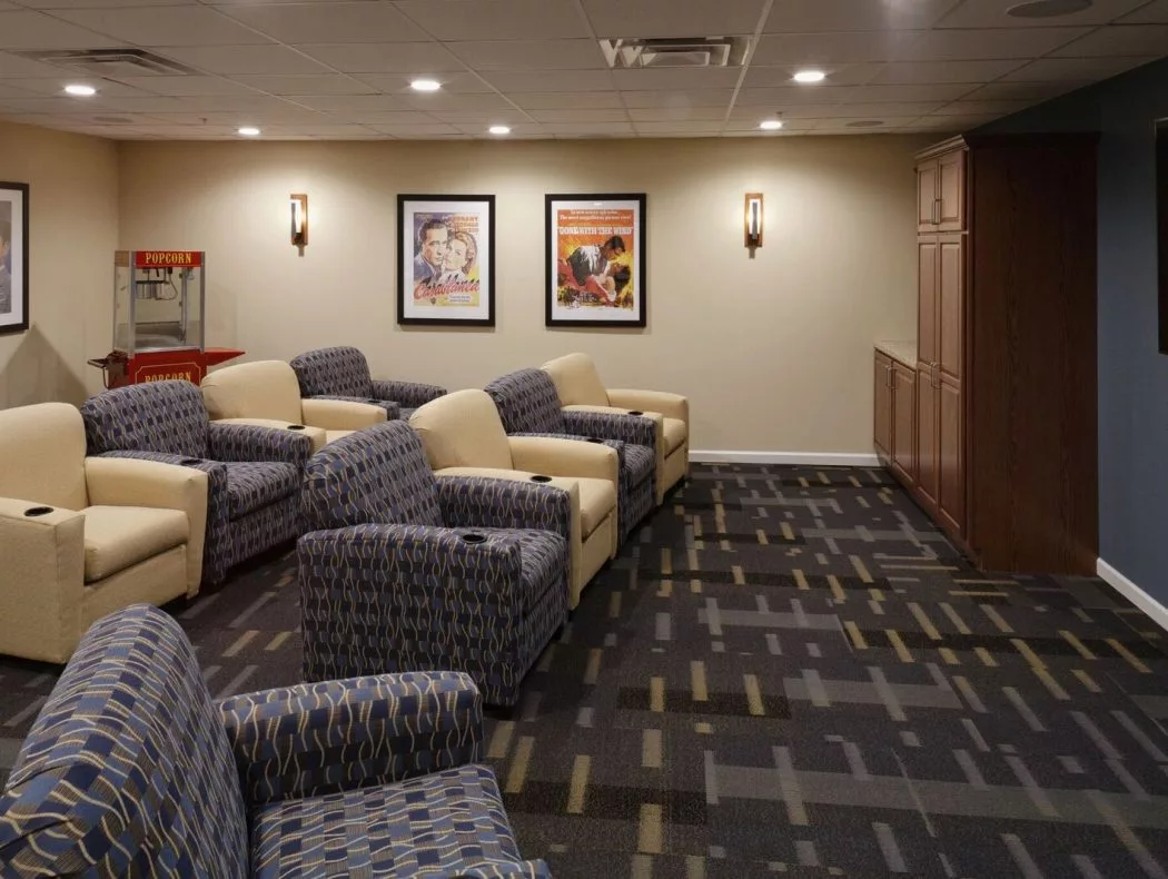A cozy home theater with comfortable seating and stylish movie posters on the walls.