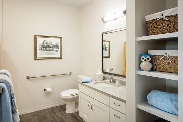 A clean and well-organized bathroom with a sink, mirror, toilet, and decorative elements on shelves.