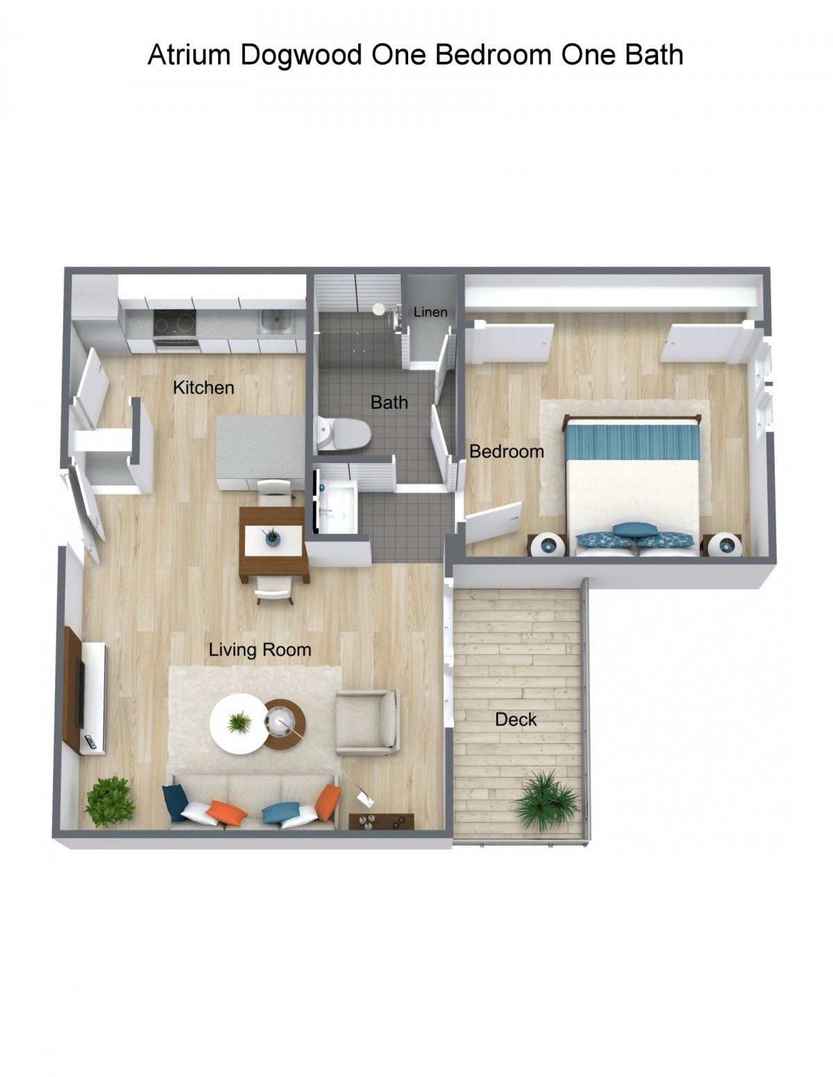 An overhead view of a 1-bedroom apartment floor plan, including a living room, kitchen, bedroom, bathroom, and den.